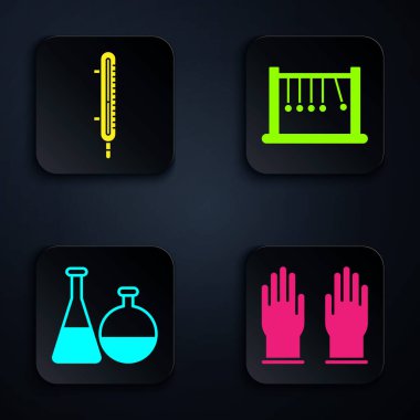 Lastik eldivenler, Meteoroloji termometresi test tüpü, matara kimya laboratuarı ve sarkacı ayarlayın. Siyah kare düğme. Vektör