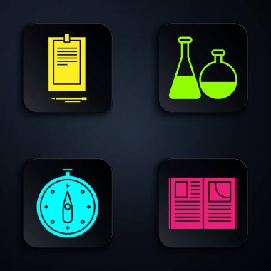 Açık Defter, Belge, Pusula ve Test tüpü ve Kimya Laboratuvarı ile Pano Ayarlayın. Siyah kare düğme. Vektör