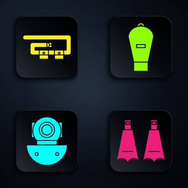 Plastik paletleri yüzme, dalış kemeri, Aqualung ve Lift torbasını hazırlayın. Siyah kare düğme. Vektör
