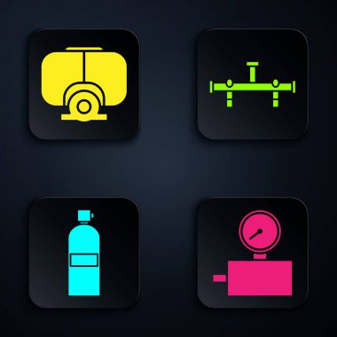Ölçek, dalış maskesi, Aqualung ve Manifold ayarlayın. Siyah kare düğme. Vektör