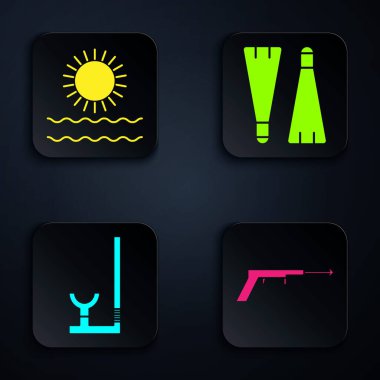 Balıkçılık zıpkını, güneş ve dalgalar, Snorkel ve Rubber paletleri yüzmek için ayarlayın. Siyah kare düğme. Vektör