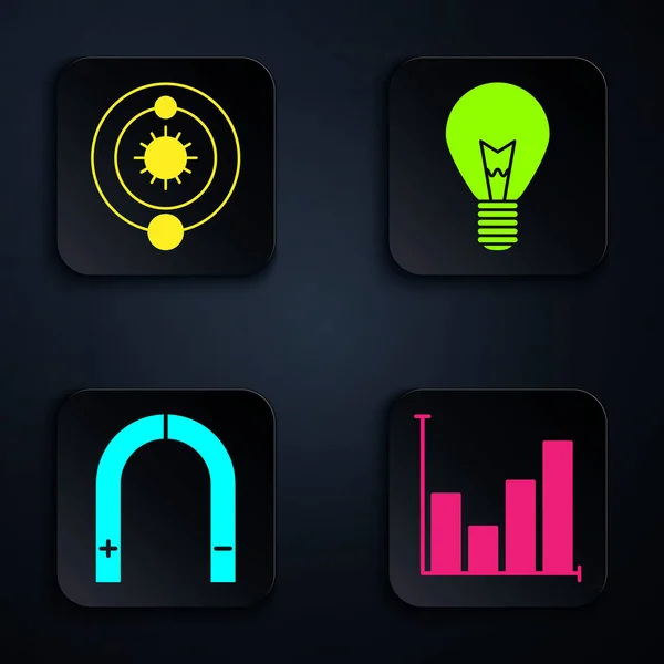 Definir gráfico de pizza infográfico, sistema solar, ímã e lâmpada com conceito de ideia. Botão quadrado preto. Vetor — Vetor de Stock