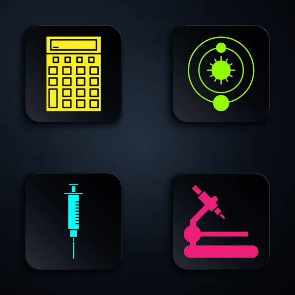 Set Microscope, Calculator, Syringe and Solar system. Black square button. Vector — Stock Vector