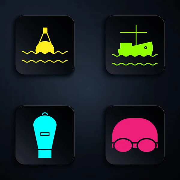 Set de gafas y gorra para nadar, boya flotante en el mar, bolsa elevadora y barco pesquero en el agua. Botón cuadrado negro. Vector — Archivo Imágenes Vectoriales