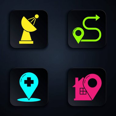 Harita işaretçisini ev, radar, hastane ve güzergahlı tıbbi harita işaretleyicisi ile ayarla. Siyah kare düğme. Vektör