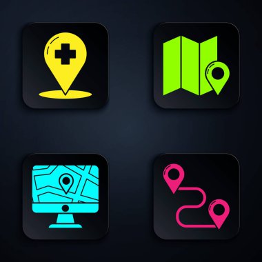 Yol konumu, hastane çapraz haritası olan tıbbi harita işaretleyicisi, monitör ve konumu olan katlanmış harita ve konum işaretleyici ile katlanmış harita ayarlayın. Siyah kare düğme. Vektör