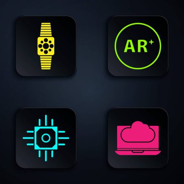 Bulut teknolojisi veri transferi ve depolama, Smartwatch, işlemci ve Ar, artırılmış gerçeklik ayarla. Siyah kare düğme. Vektör