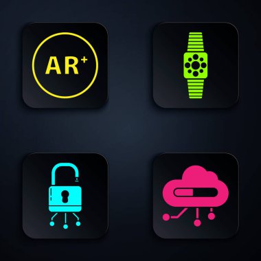 Şeylerin internetini kur, Ar, artırılmış gerçeklik, dijital devre kartına ve Smartwatch 'e kilitlen. Siyah kare düğme. Vektör