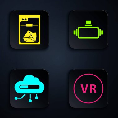 Sanal gerçekliği, 3D yazıcıyı, interneti ve sanal gerçeklik gözlüklerini ayarla. Siyah kare düğme. Vektör