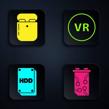Video grafik kartı, hava kulaklıkları, sabit disk sürücüsü ve sanal gerçeklik. Siyah kare düğme. Vektör
