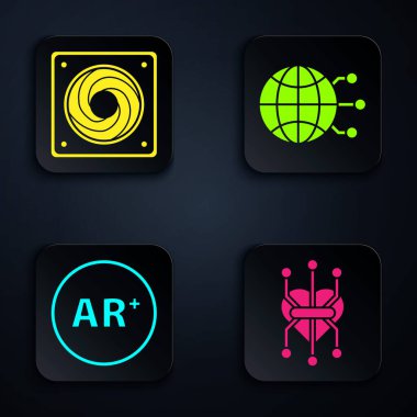 İşlemci, Bilgisayar soğutucusu, Ar, artırılmış gerçeklik ve Küresel teknoloji veya sosyal ağ ayarla. Siyah kare düğme. Vektör