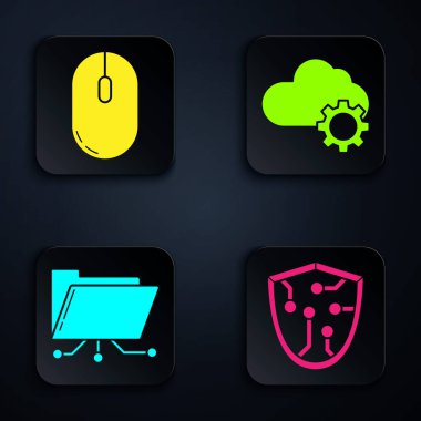 Siber güvenlik, bilgisayar faresi, dizin ve kilit ve bulut teknolojisi veri transferi ve depolama ayarlayın. Siyah kare düğme. Vektör