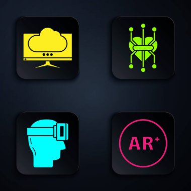 Ar, arttırılmış gerçeklik, bilgisayar monitörü, sanal gerçeklik gözlükleri ve işlemci ayarla. Siyah kare düğme. Vektör