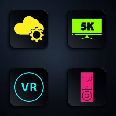Müzik çalar, Bulut teknolojisi veri transferi ve depolama, Sanal gerçeklik ve Monitör 'ü 5k video ile ayarla. Siyah kare düğme. Vektör