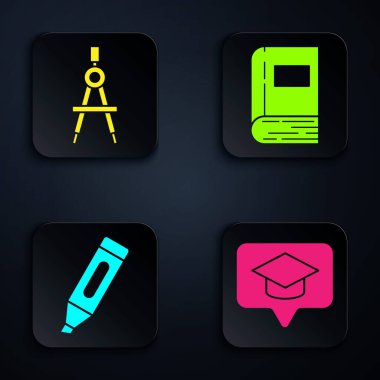 Mezuniyet kepini konuşma baloncuğuna, çizim pusulasına, İşaretleyici kaleme ve kitaba ayarla. Siyah kare düğme. Vektör