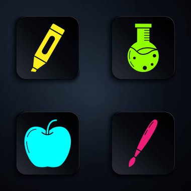 Boya fırçasını, işaret kalemini, elma ve test tüpünü ve matara kimya laboratuvarını ayarla. Siyah kare düğme. Vektör
