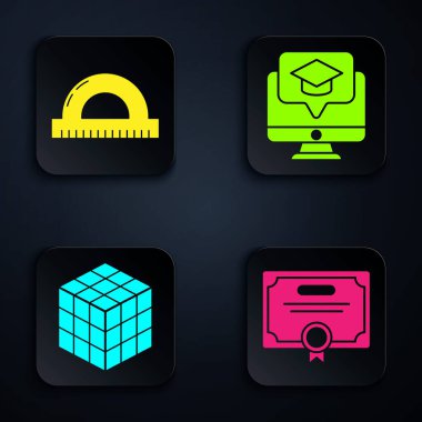 Sertifika şablonunu, ölçüm dereceleri için açıölçer ızgarasını, zeka küpünü ve mezuniyet şapkası takılı monitörü ayarla. Siyah kare düğme. Vektör