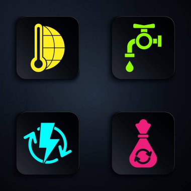 Çöp torbasını geri dönüşüm, meteoroloji termometresi, şarj ve su musluğu ile doldurun. Siyah kare düğme. Vektör