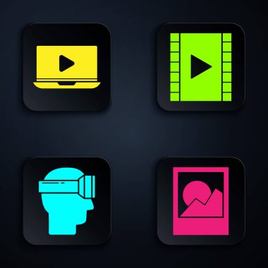 Fotoğraf çerçevelerini ayarla, Online oyun videosu, Sanal gerçeklik gözlükleri ve Video Oynat. Siyah kare düğme. Vektör