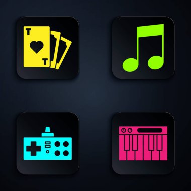 Set Music synthesizer, kalp sembollü kart, Gamepad ve müzik notası, ton. Siyah kare düğme. Vektör