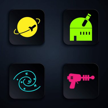 Ray silahı, Planet, Kara Delik ve Astronomik Gözlemevi 'ni ayarla. Siyah kare düğme. Vektör