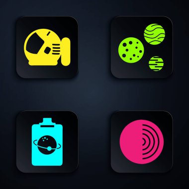 Dünya yapısını, astronot miğferini, Planet ve Planet 'i ayarla. Siyah kare düğme. Vektör