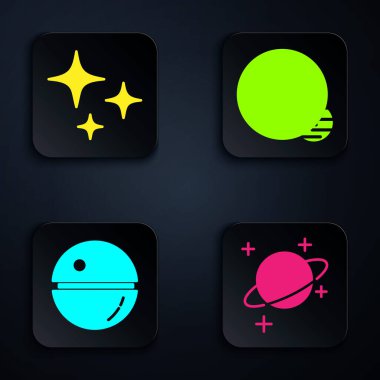 Set Gezegeni, Kayan Yıldız, Ölüm Yıldızı ve Gezegen. Siyah kare düğme. Vektör