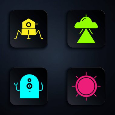 Set Sun, Mars Rover, Alien ve UFO uçan uzay gemisi. Siyah kare düğme. Vektör