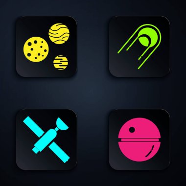 Ölüm Yıldızı, Gezegen, Uydu ve Uydu 'yu ayarla. Siyah kare düğme. Vektör