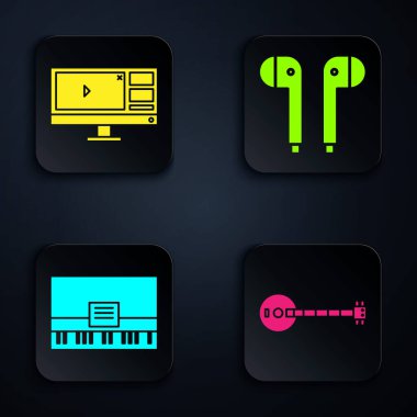 Banjo, video kaydedici ya da düzenleyici yazılımı monitörde, Piyano ve Hava Kulaklıkları 'nda ayarlayın. Siyah kare düğme. Vektör