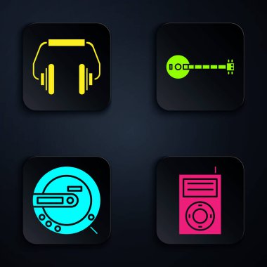 Set Müzik MP3 çalar, kulaklıklar, müzik CD çalar ve Banjo. Siyah kare düğme. Vektör
