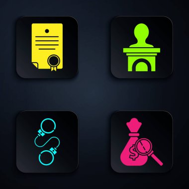 Para çantası ve büyüteç, sertifika şablonu, kelepçe ve sahne standı veya münazara kürsüsü ayarla. Siyah kare düğme. Vektör