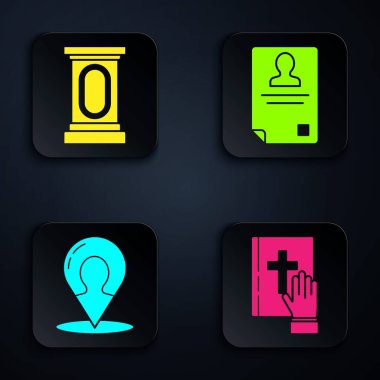 Kutsal İncil üzerine yemin, sahne tezgahı ya da münazara kürsüsü, silueti ve kimlik kartı olan harita işaretleyicisi. Siyah kare düğme. Vektör