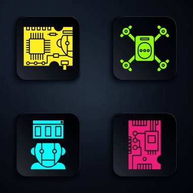 Elektronik bilgisayar bileşenlerini anakart dijital çip, basılı devre kartı PCB, Robot ve Drone 'u aksiyon kameralı ayarla. Siyah kare düğme. Vektör