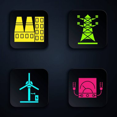 Ampere ölçer, multimetre, voltmetre, elektrik santrali ve fabrika, rüzgar türbini ve yüksek voltaj elektrik direği hattını ayarlayın. Siyah kare düğme. Vektör