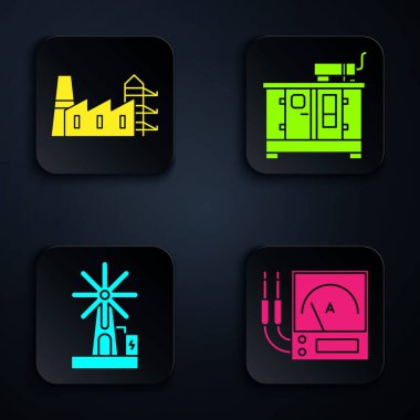 Ampere ölçer, multimetre, voltmetre, elektrik santrali ve fabrika, rüzgar türbini ve dizel güç jeneratörünü ayarla. Siyah kare düğme. Vektör