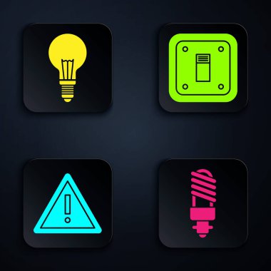 LED ampulü, fikir kavramına sahip ampulü, üçgende ünlem işaretini ve elektrik düğmesini ayarla. Siyah kare düğme. Vektör
