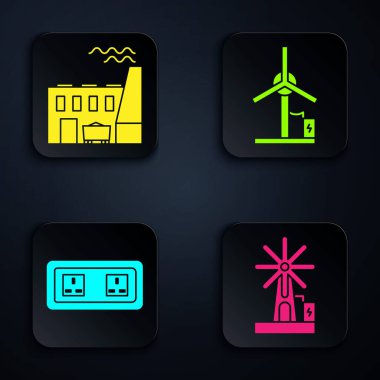 Rüzgar türbini, kömür santrali ve fabrika, elektrik prizi ve rüzgar türbini ayarlayın. Siyah kare düğme. Vektör