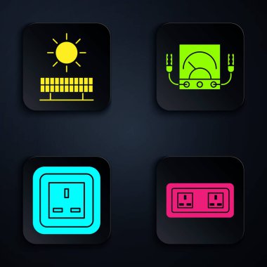 Elektrik prizi, güneş ve güneş paneli, elektrik prizi ve Ampere ölçer, multimetre, voltmetre ayarlayın. Siyah kare düğme. Vektör