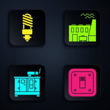 Elektrik düğmesi, LED ampul, dizel güç jeneratörü ve kömür santrali ve fabrikayı ayarla. Siyah kare düğme. Vektör