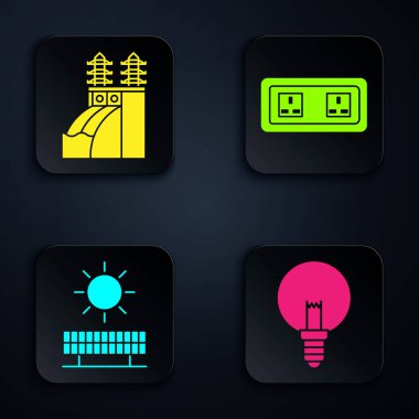 Ampulü, nükleer santrali, güneş enerjisi panelini, güneşi ve elektrik prizini ayarla. Siyah kare düğme. Vektör