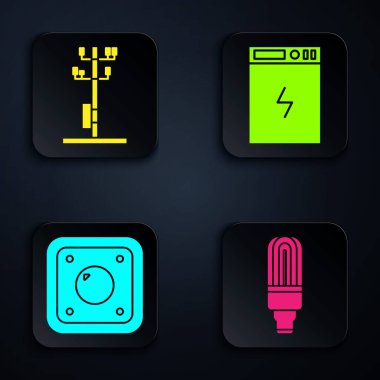 LED ampulü, yüksek voltajlı elektrik direğini, elektrik düğmesini ve elektrik bankasını ayarla. Siyah kare düğme. Vektör