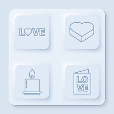Sevgi metni, kalp şeklinde şeker yanan mum ve sevgililer günü parti broşürü. Beyaz kare düğme. Vektör