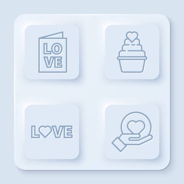 Hattı belirle sevgililer günü partisi ilanı, yürekli düğün pastası, elinde aşk mesajı ve kalp. Beyaz kare düğme. Vektör