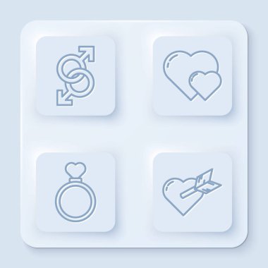 Erkek cinsiyet sembolü, kalp, evlilik yüzüğü ve oklu aşk. Beyaz kare düğme. Vektör