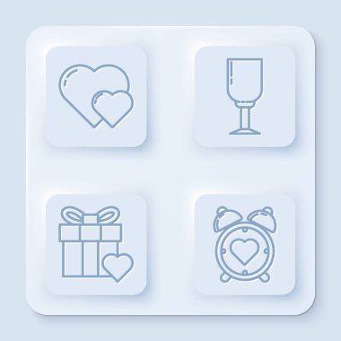 Kalp atışı, şarap kadehi, hediye kutusu, kalp ve kalp merkezi alarmda. Beyaz kare düğme. Vektör