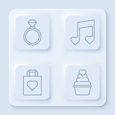 Sabit çizgi alyanslar, müzik notaları, kalplerle ton, kalple alışveriş torbası ve kalple düğün pastası. Beyaz kare düğme. Vektör