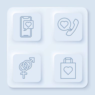 Smartphone 'u kalp konuşma baloncuğuyla, telefonu kalp konuşma balonuyla, cinsiyet ve alışveriş torbasıyla ayarla. Beyaz kare düğme. Vektör