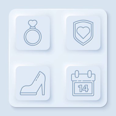 Sabit çizgili alyanslar, kalkanlı kalp, yüksek topuklu kadın ayakkabısı ve 14 Şubat 'lı takvim. Beyaz kare düğme. Vektör