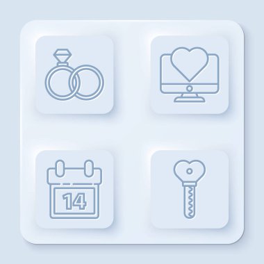 Hat çizgisi alyanslar, kalple bilgisayar monitörü, 14 Şubat takvimi ve kalp şeklinde Key. Beyaz kare düğme. Vektör